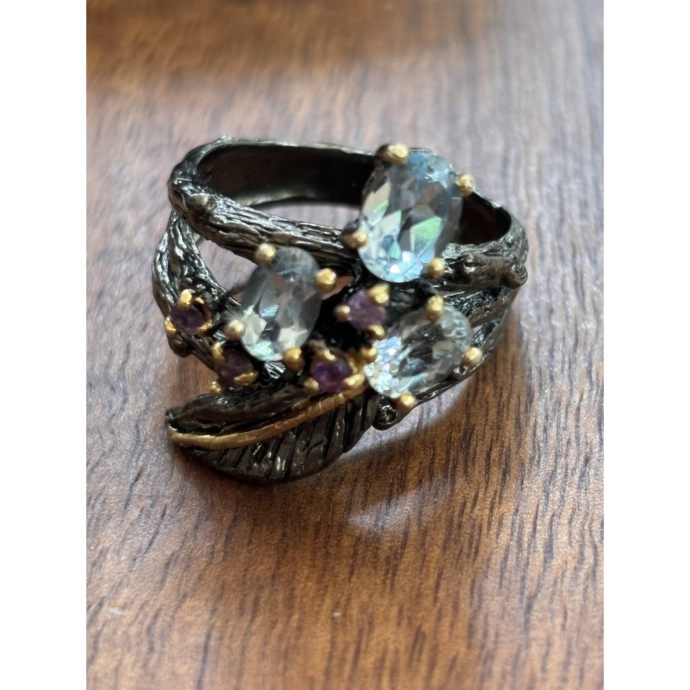 Blue Topaz And Amethyst Oxidized Sterling Silver Ring Vine Botanical Size 8
